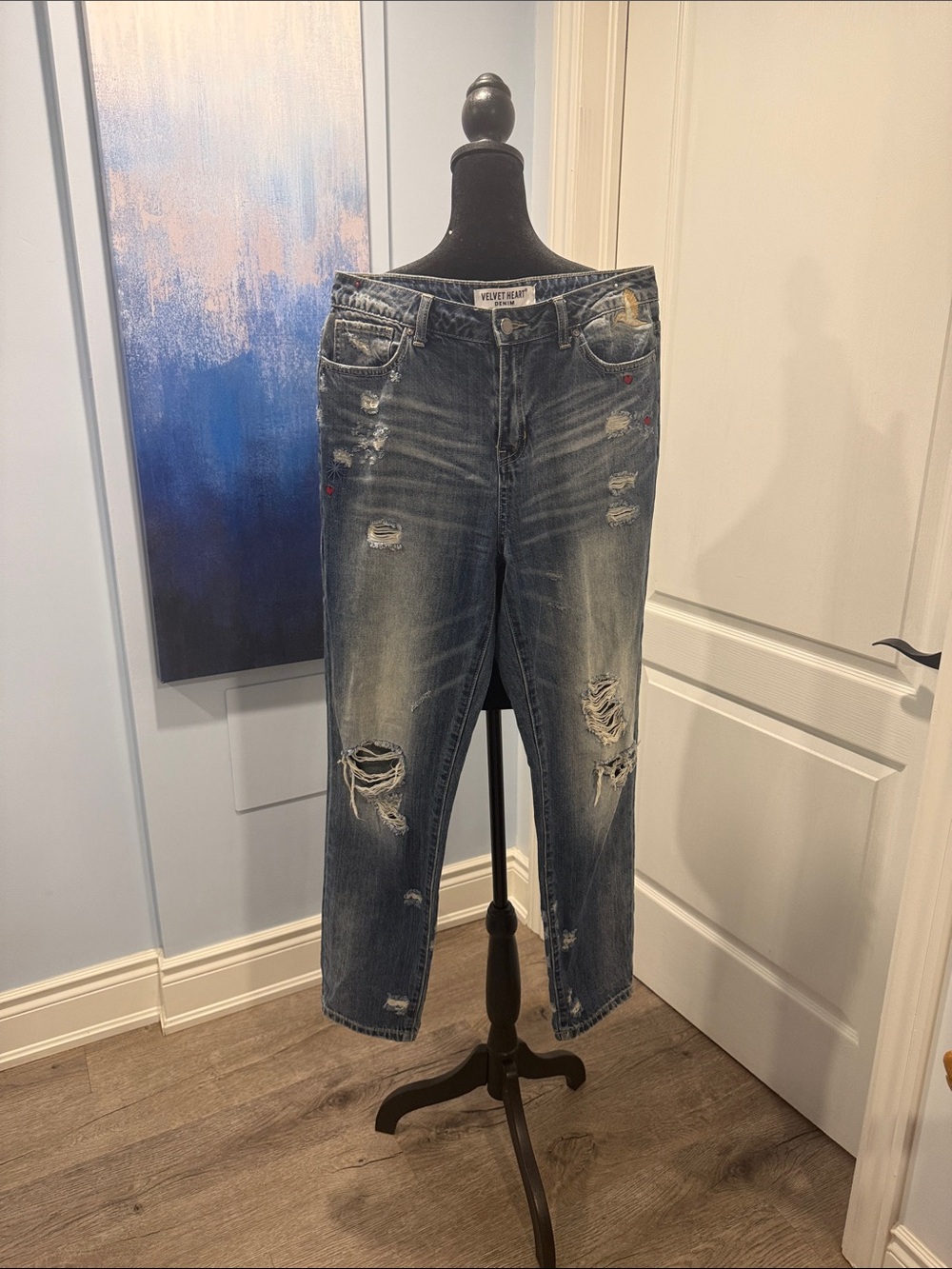 Velvet Heart Distressed Dark Blue Straight Leg Jeans